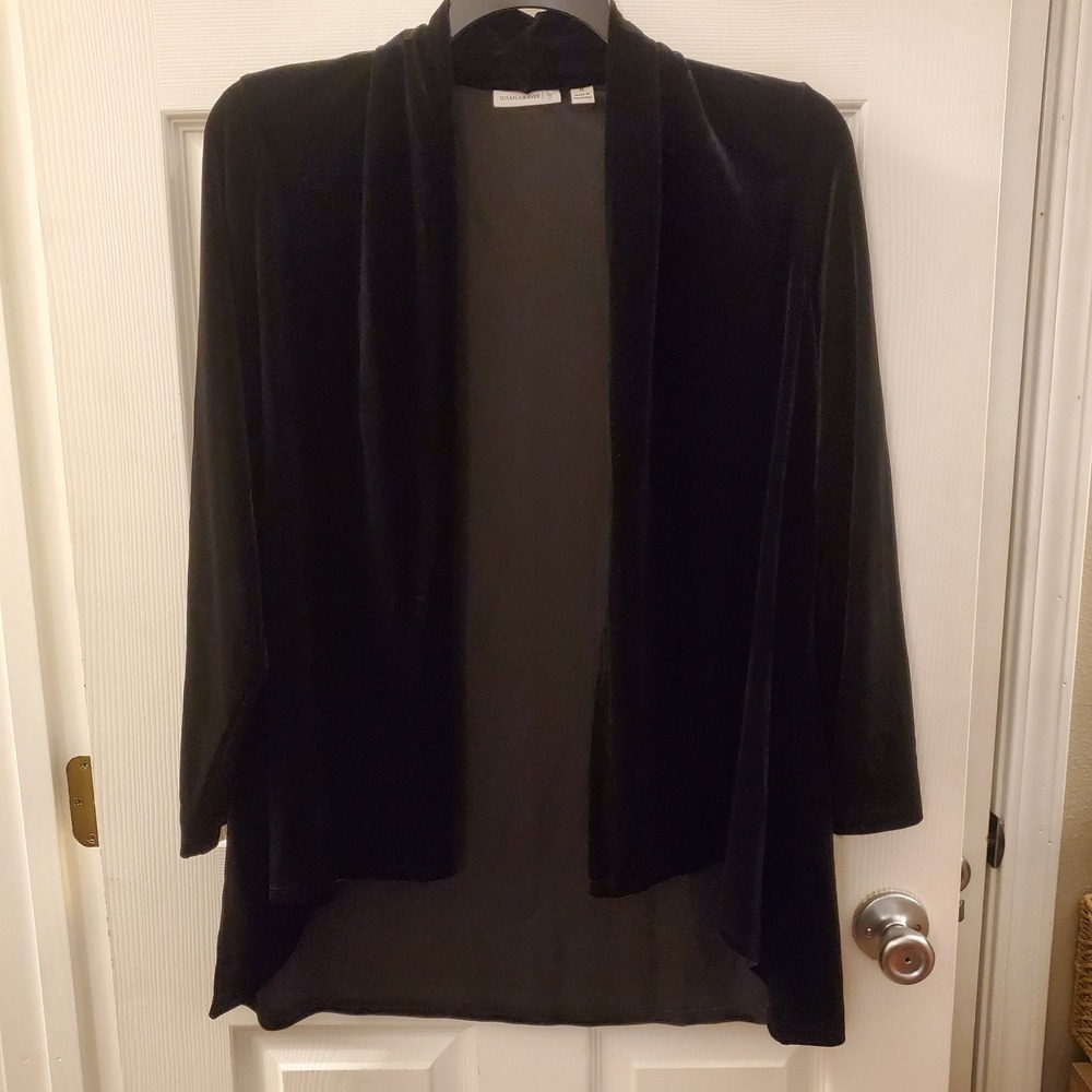 Susan Graver sz M Black Velour Cardigan Sweater Open Front Casual Basic Classic